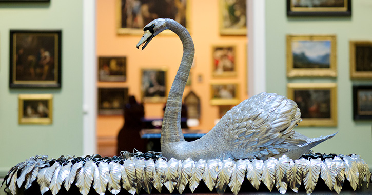 View of the silver swan in place at The Bowes Museum